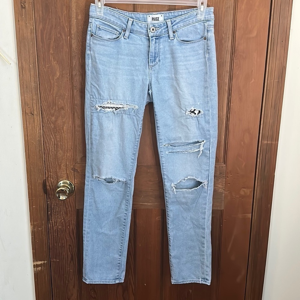 Paige Distressed Light Blue with Mayan Patches Size 27